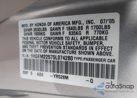 2005 Honda Civic Lx z USA, uszkodzony, nr VIN 1HGEM22575L074280